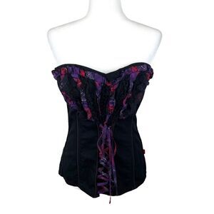 Tripp NYC Corset Top Women Extra Large Black Purple Ruffle Lace Up Strapless Y2K